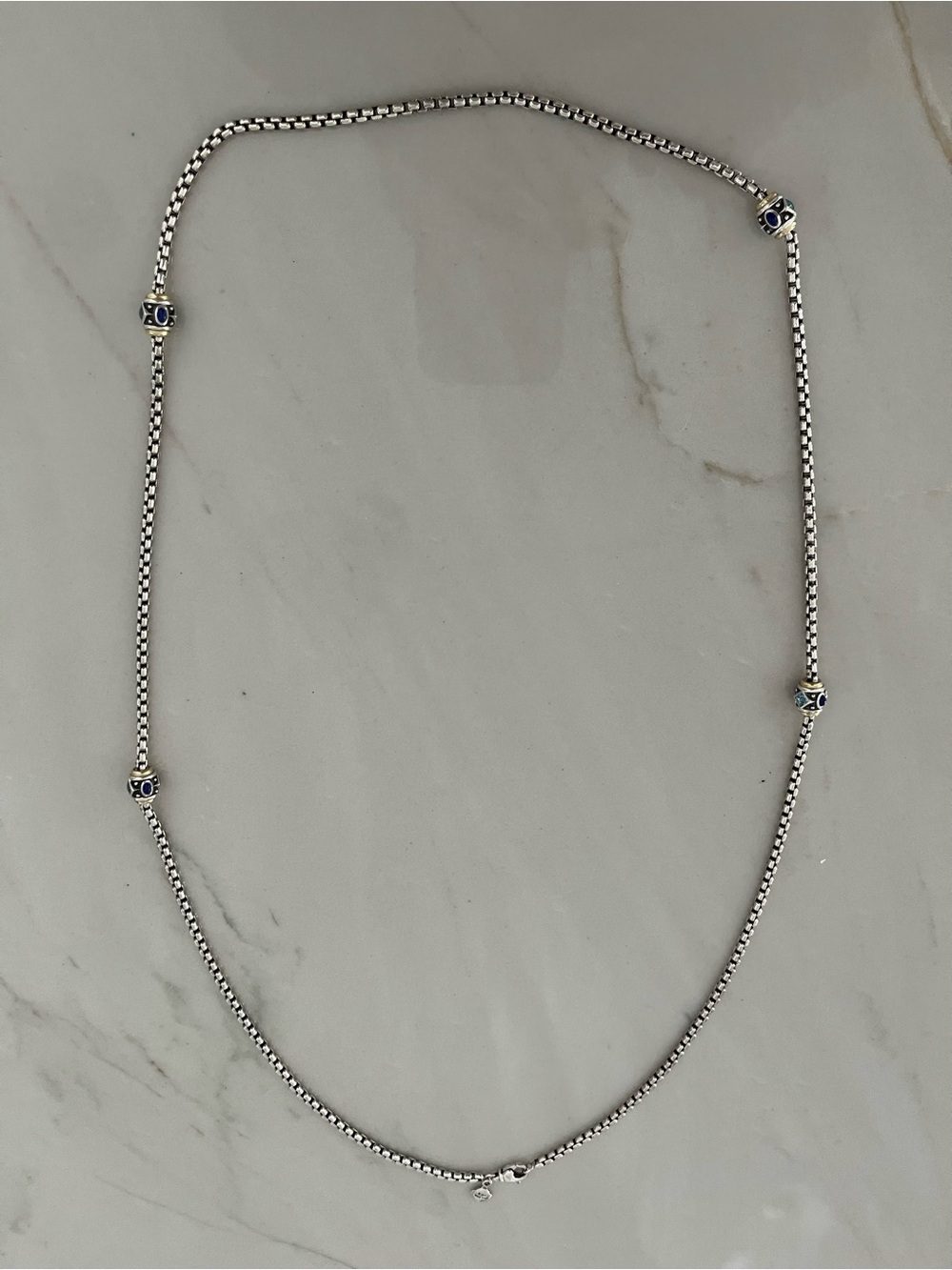 David Yurman 36” Sterling Silver Chain Necklace with Blue Stone Station Accents